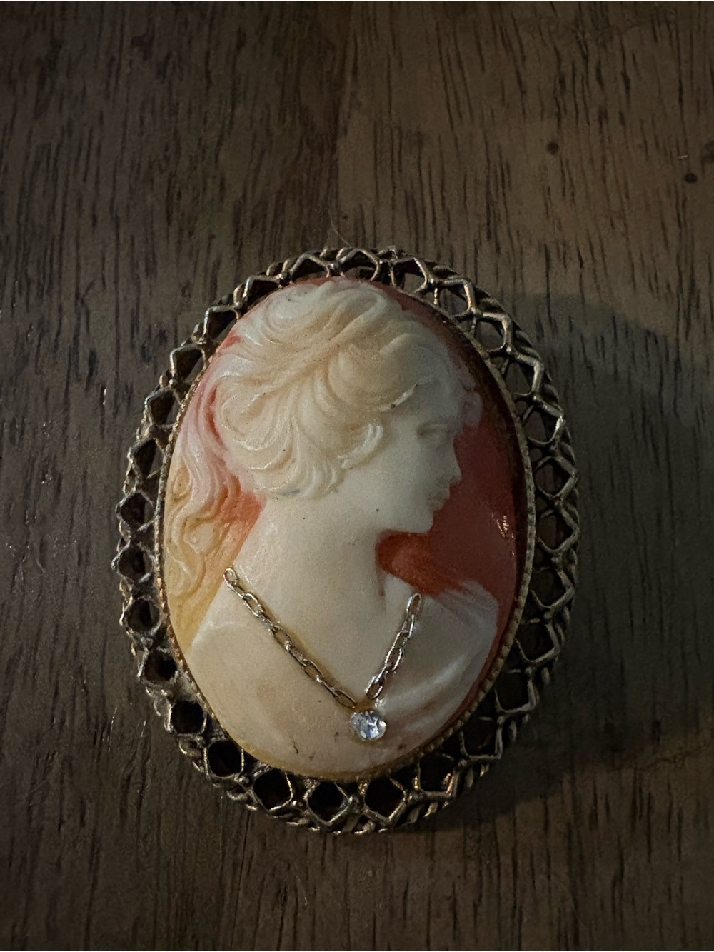 Vintage Cream and Coral Cameo Brooch with Gold-Tone Frame
